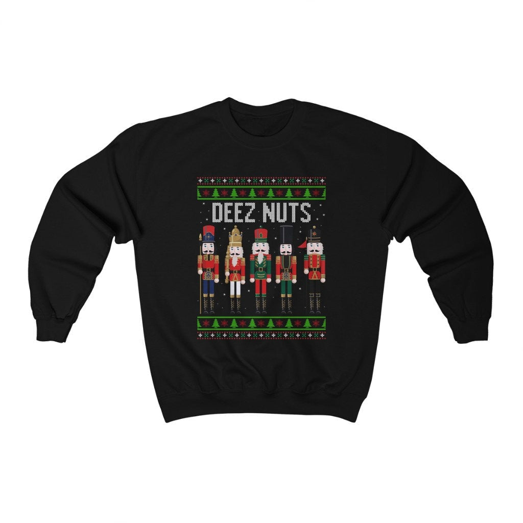 Deez Nuts Nutcracker Ugly Christmas Sweatshirt, Funny Christmas Sweater Holiday Party Apparel Nutcracker Crewneck for Men Funny Holiday