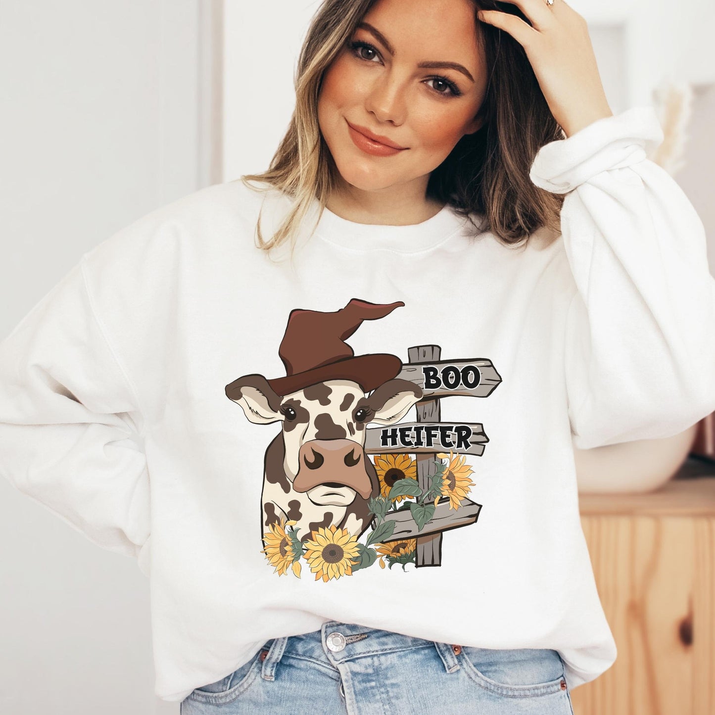 Boo Heifer Halloween Cow Sweatshirt, Cow Halloween Shirt,  Funny Halloween Sweatshirt, Cow Lover Gift, Halloween Crewneck Sweatshirt Women