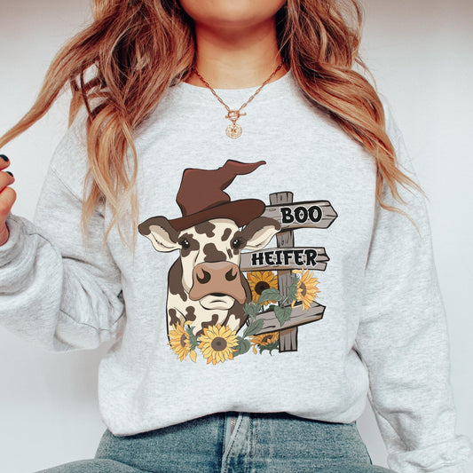 Boo Heifer Halloween Cow Sweatshirt, Cow Halloween Shirt,  Funny Halloween Sweatshirt, Cow Lover Gift, Halloween Crewneck Sweatshirt Women