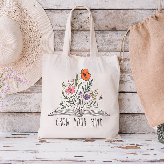 Floral Book Tote Bag, Gift For Reader, Boho Shoulder bag, reusable Book Bag, bookish tote, beach bag, Reusable shopping tote Carry All