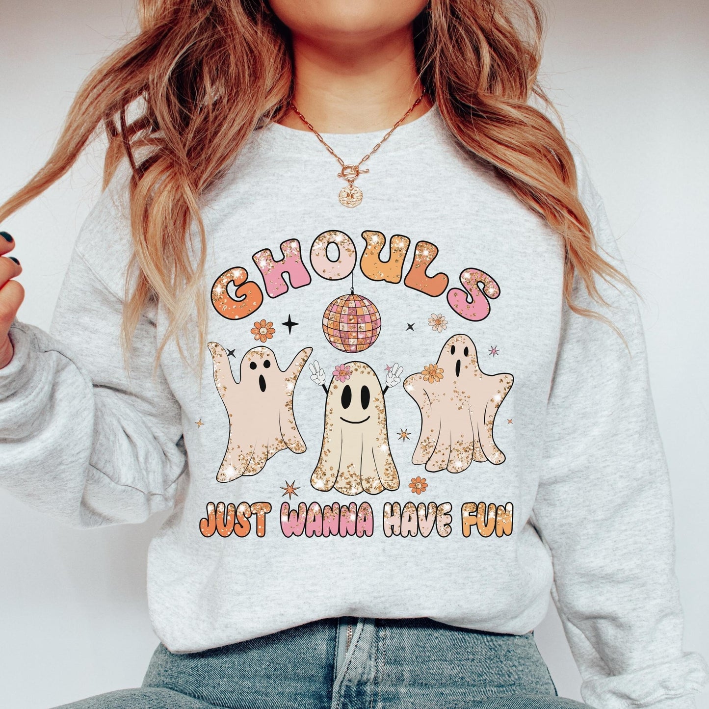 Retro Halloween Ghouls Just Wanna Have Fun Sweatshirt Cute Ghost Sweater Ghouls Night Out Womens Halloween Crewneck Sweatshirt Spooky Season