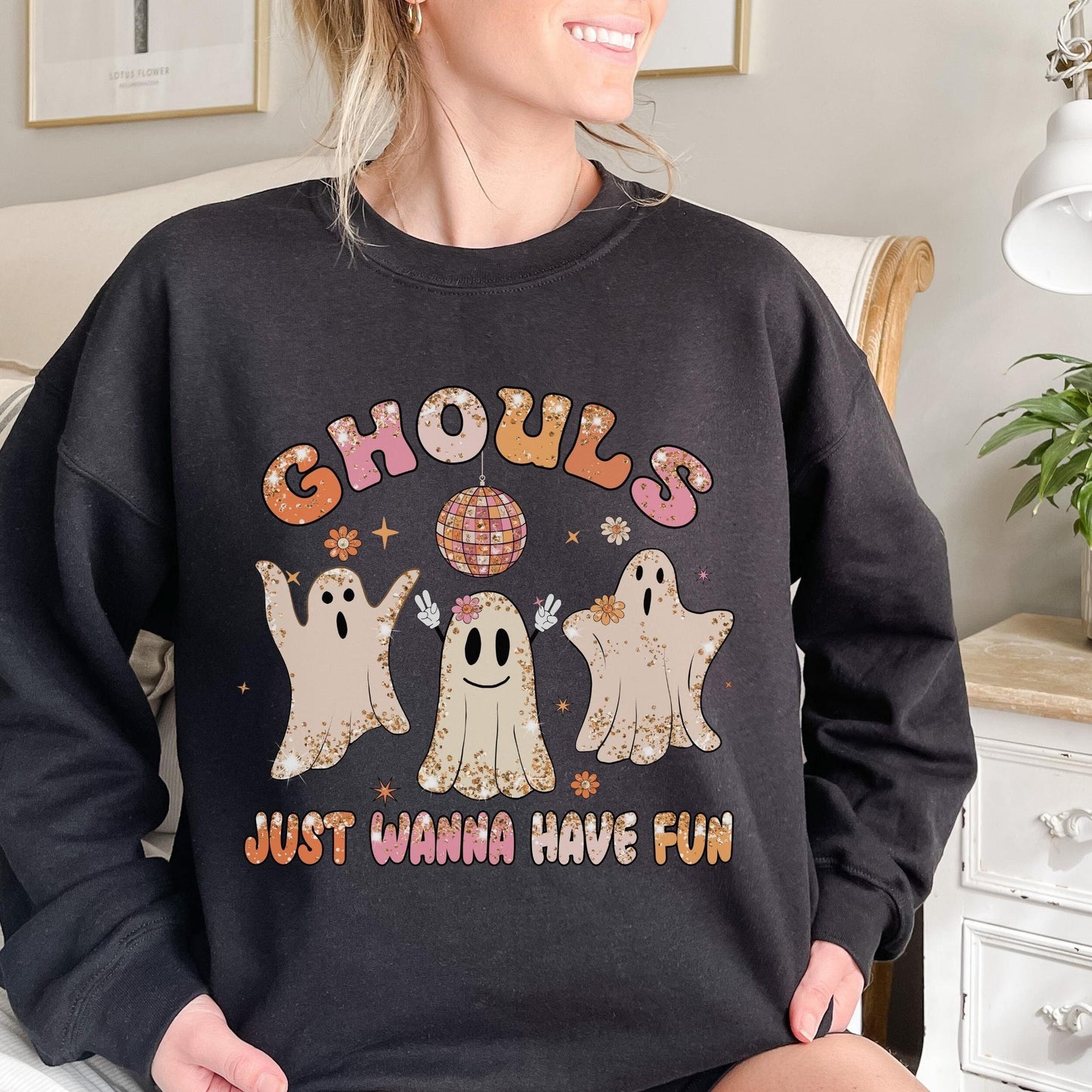 Retro Halloween Ghouls Just Wanna Have Fun Sweatshirt Cute Ghost Sweater Ghouls Night Out Womens Halloween Crewneck Sweatshirt Spooky Season