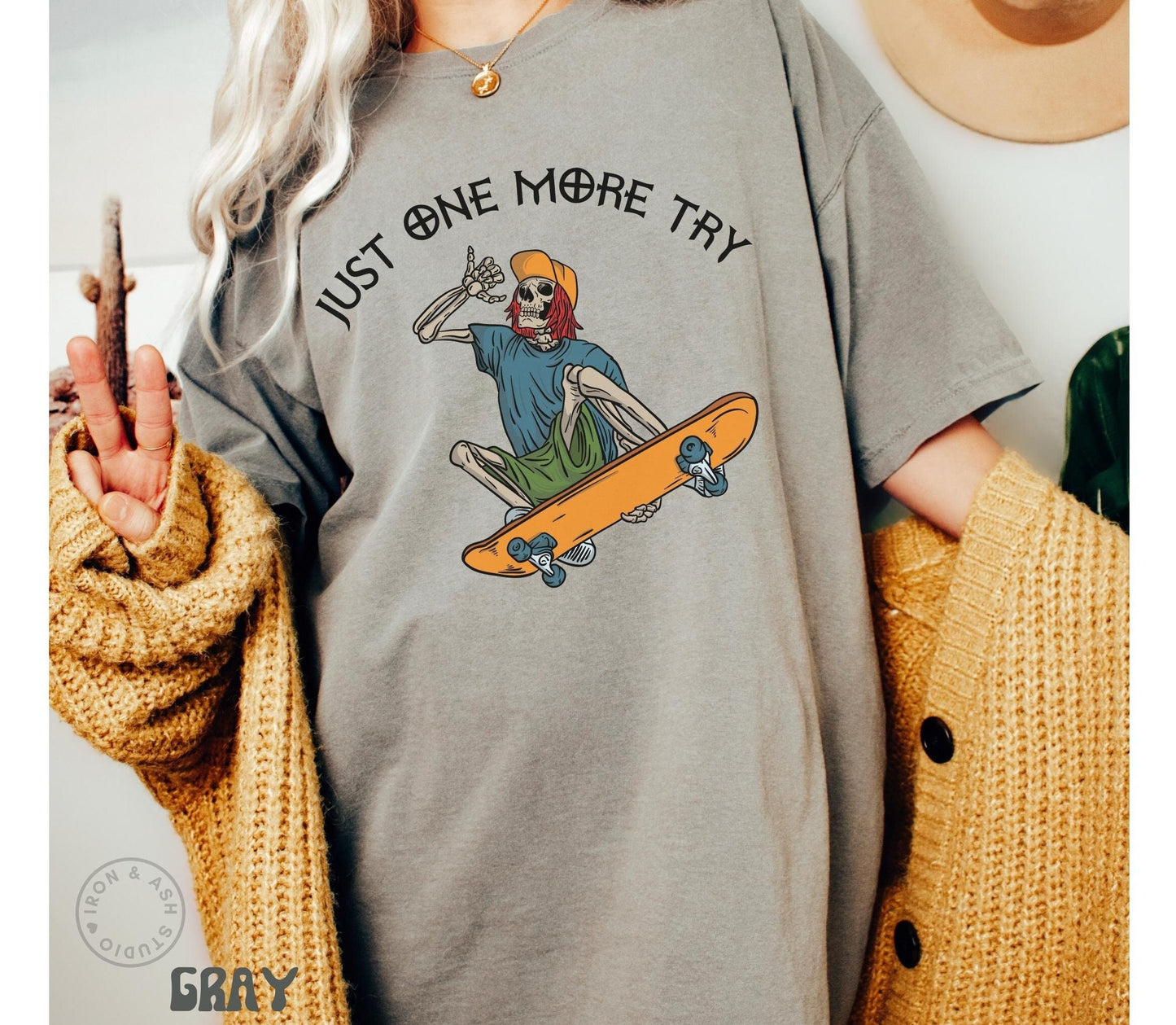Skateboarder Skeleton Shirt - Skater T-Shirts for Men - Skateboarding Gift - Comfort Colors Gray TShirt