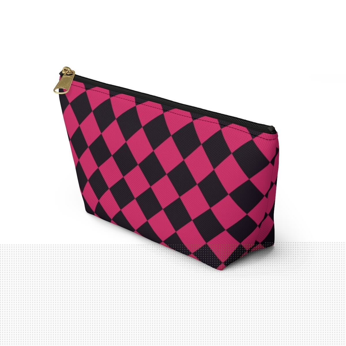 Checkered Makeup Bag Hot Pink Cosmetic Case, Cosmetic Travel Bag, Makeup Toiletry Bag Women, Checkered Makeup Accessory Tote, Makeup Lover