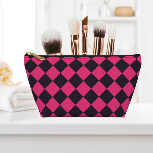 Checkered Makeup Bag Hot Pink Cosmetic Case, Cosmetic Travel Bag, Makeup Toiletry Bag Women, Checkered Makeup Accessory Tote, Makeup Lover