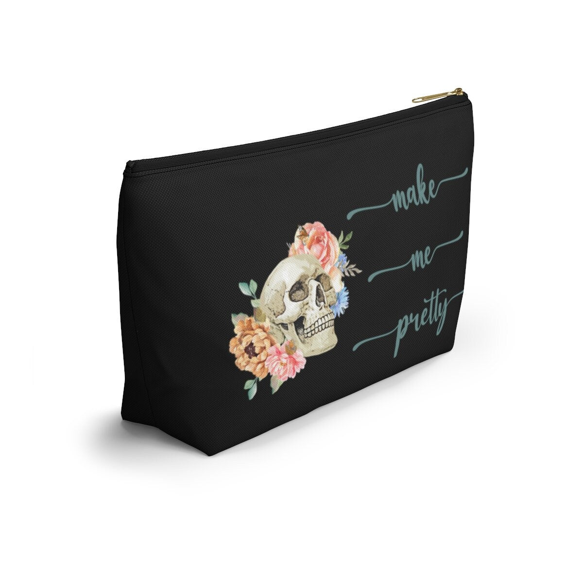 Skull Makeup Bag, Witchy Cosmetic Bag, Funny Gothic Skeleton Makeup Bag, Accessory Pouch T-Bottom, Floral Skull Makeup Case Goth Witchy Gift