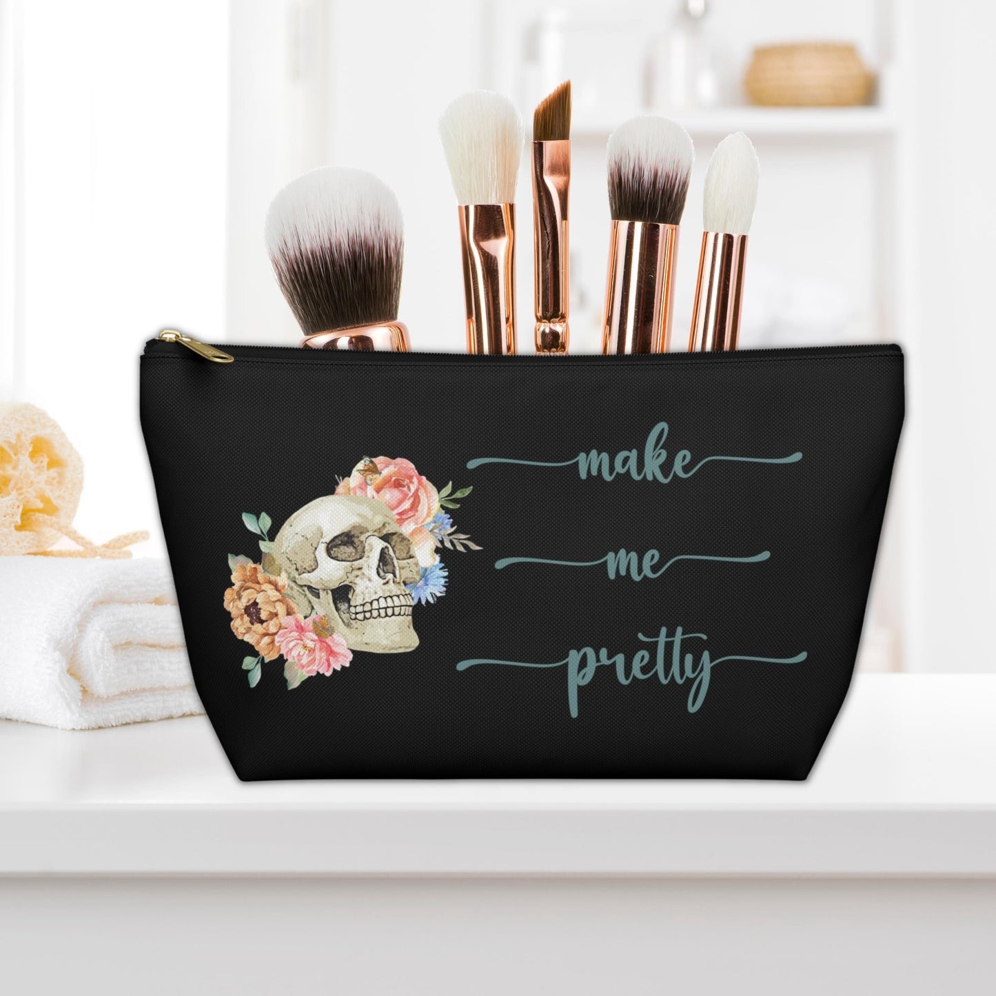 Skull Makeup Bag, Witchy Cosmetic Bag, Funny Gothic Skeleton Makeup Bag, Accessory Pouch T-Bottom, Floral Skull Makeup Case Goth Witchy Gift