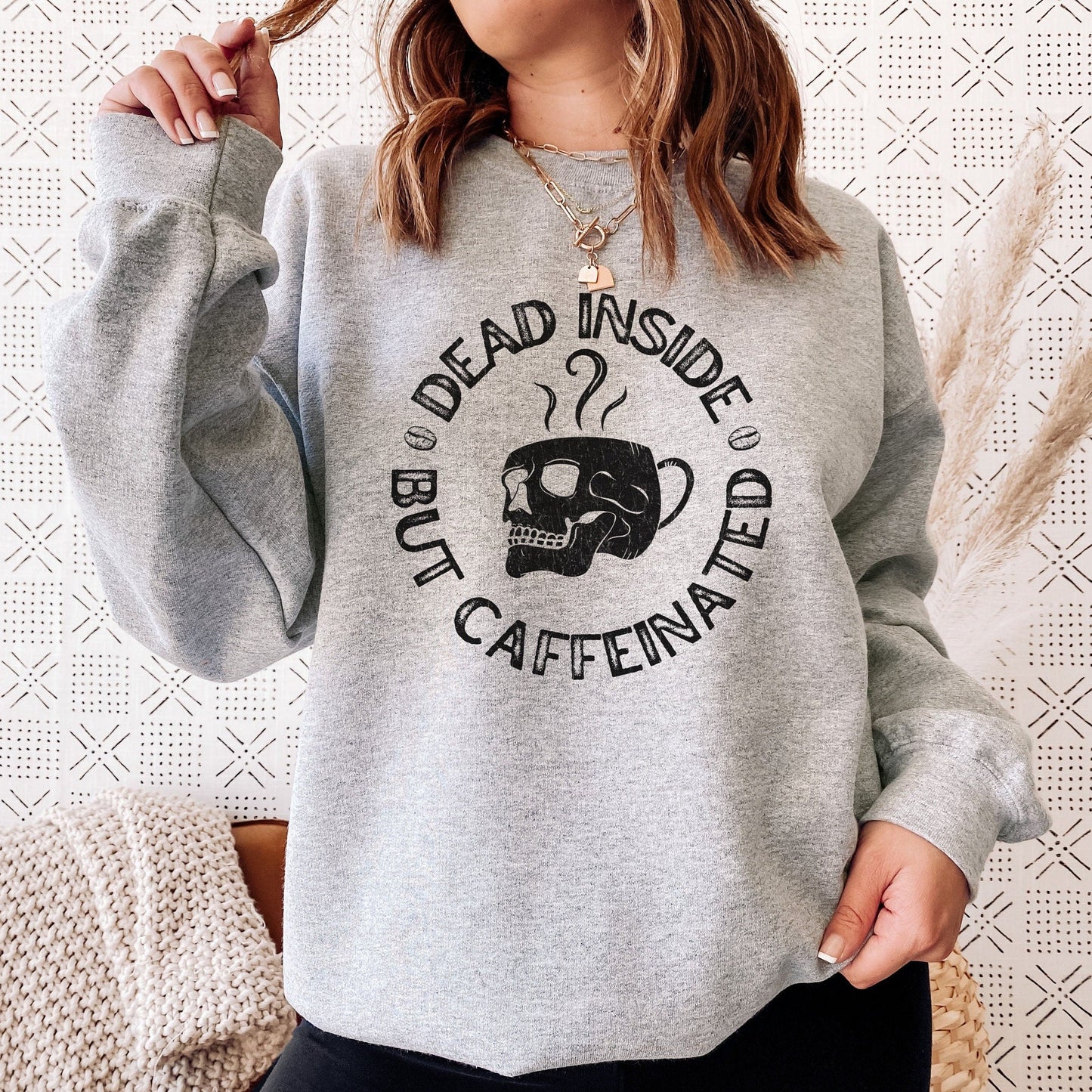 Dead inside but caffeinated sweatshirt, Skull sweater, Dead inside sweater, Caffeine shirt, Coffee shirt, Coffee lover gift, Skeleton Coffee shirt