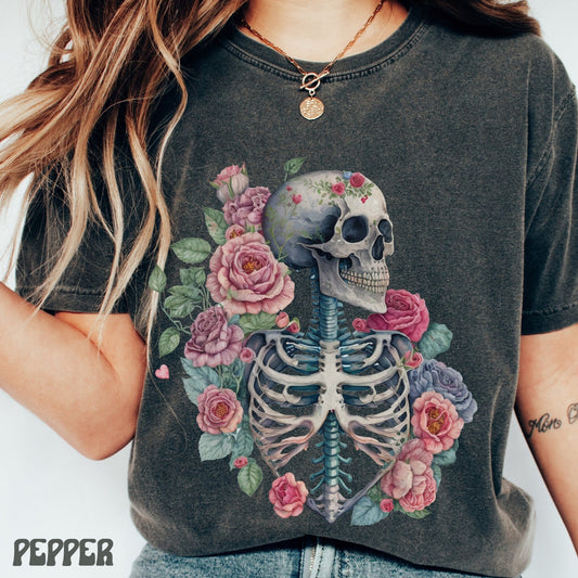 Floral Skeleton Comfort Color Shirt, Dark Academia, Skull With Rose TShirt, Dark Aesthetic Clothes, Valentine Skeleton Cottagecore Clothing