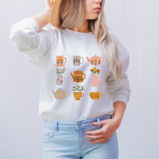 Tea Kettle Cottagecore Sweatshirt, Teacup Sweatshirt, Tea Lover Gift, Botanical, Gardening, Garden, Cottagecore Aesthetic, Floral Sweatshirt