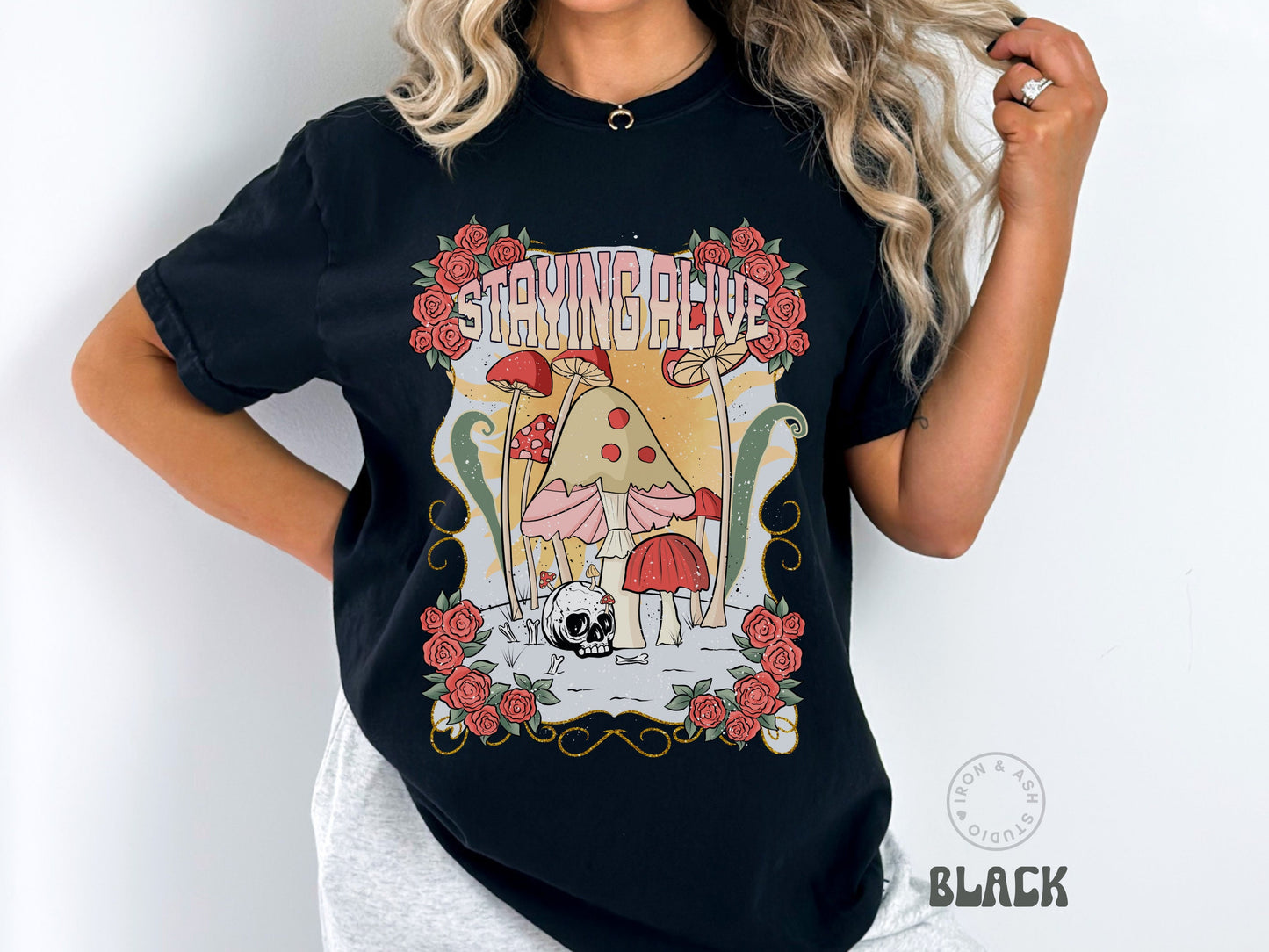 Staying Alive T Shirt Indie Clothes Comfort Colors Trendy Crewneck Mushroom Shirt Retro Aesthetic Tee Mental Health Awareness Oversized Top