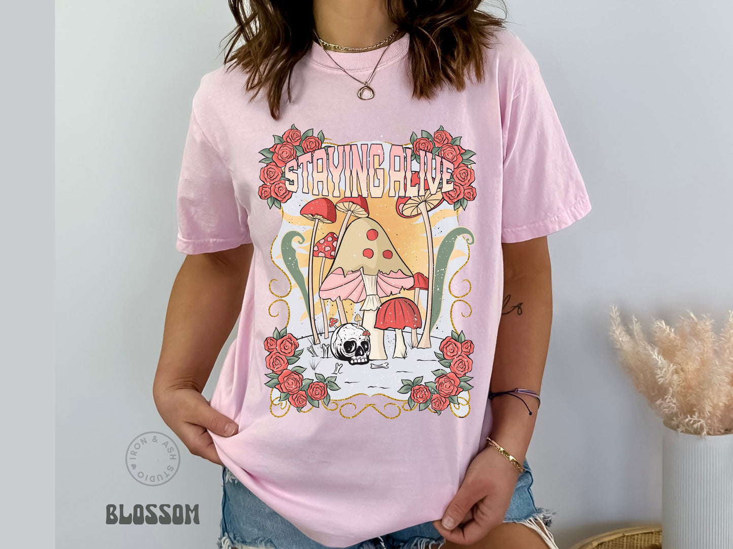 Staying Alive T Shirt Indie Clothes Comfort Colors Trendy Crewneck Mushroom Shirt Retro Aesthetic Tee Mental Health Awareness Oversized Top