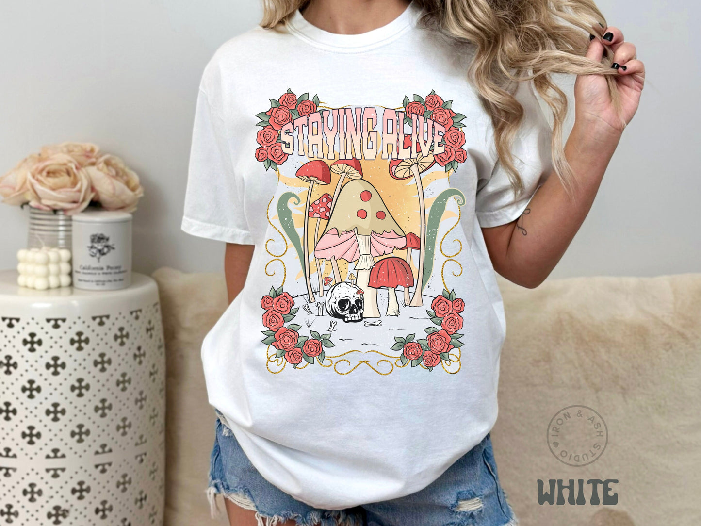Staying Alive T Shirt Indie Clothes Comfort Colors Trendy Crewneck Mushroom Shirt Retro Aesthetic Tee Mental Health Awareness Oversized Top