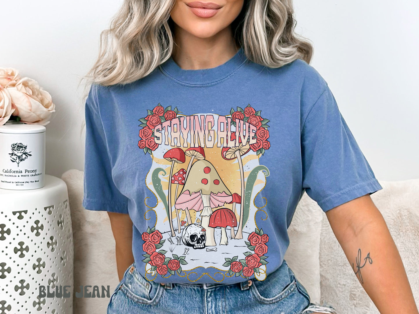 Staying Alive T Shirt Indie Clothes Comfort Colors Trendy Crewneck Mushroom Shirt Retro Aesthetic Tee Mental Health Awareness Oversized Top