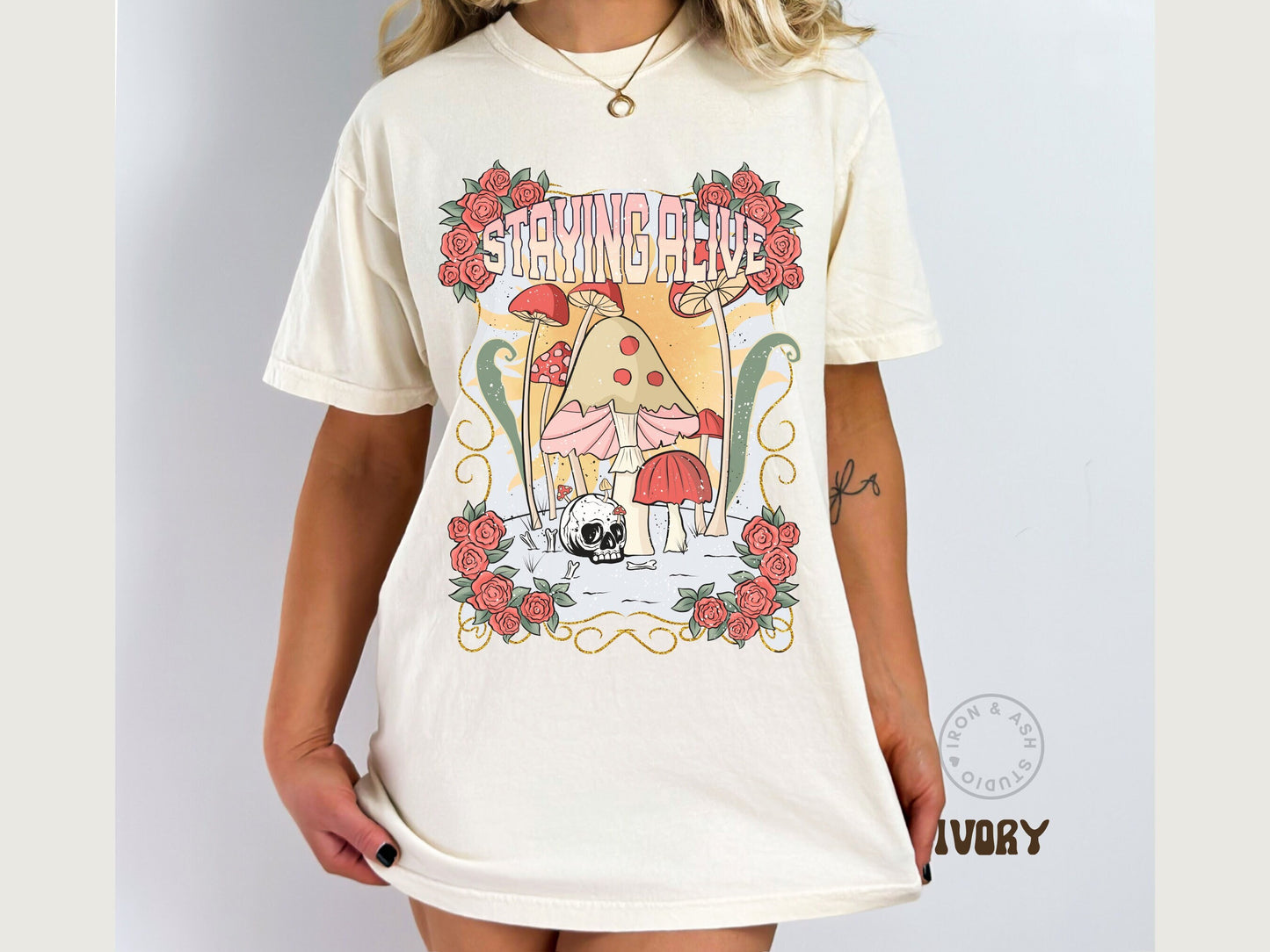 Staying Alive T Shirt Indie Clothes Comfort Colors Trendy Crewneck Mushroom Shirt Retro Aesthetic Tee Mental Health Awareness Oversized Top