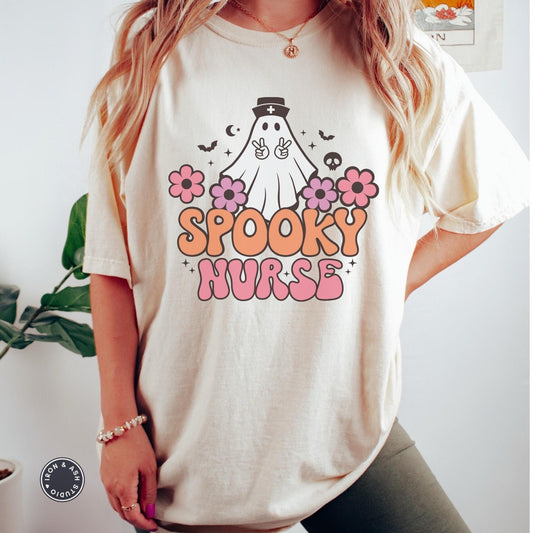 Spooky Nurse Comfort Colors Halloween Shirt, Groovy Nurse Shirt, Retro Fall Nurse TShirt, RN Halloween Tee, Cute Ghost, Cute Fall Shirts