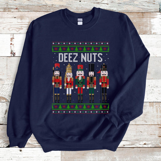 Deez Nuts Nutcracker Ugly Christmas Sweatshirt, Funny Christmas Sweater Holiday Party Apparel Nutcracker Crewneck for Men Funny Holiday