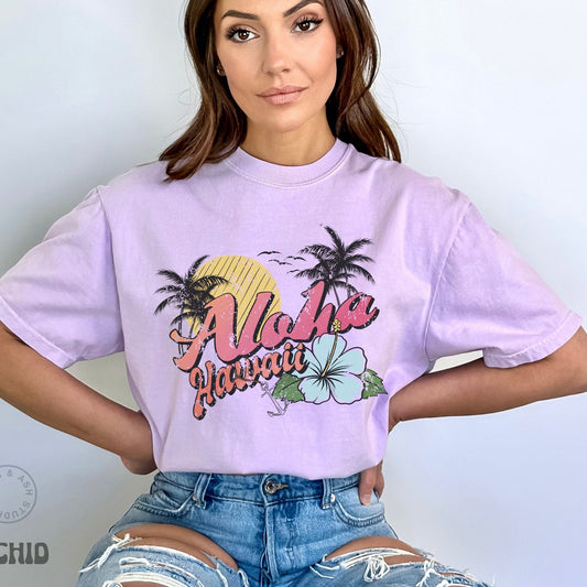 Aloha Hawaii Shirt Retro Beachy Tee VSCO Girl Trendy Shirts Comfort Color TShirt Summer Crewneck Tumblr Clothing Cute Summer Tops for Women