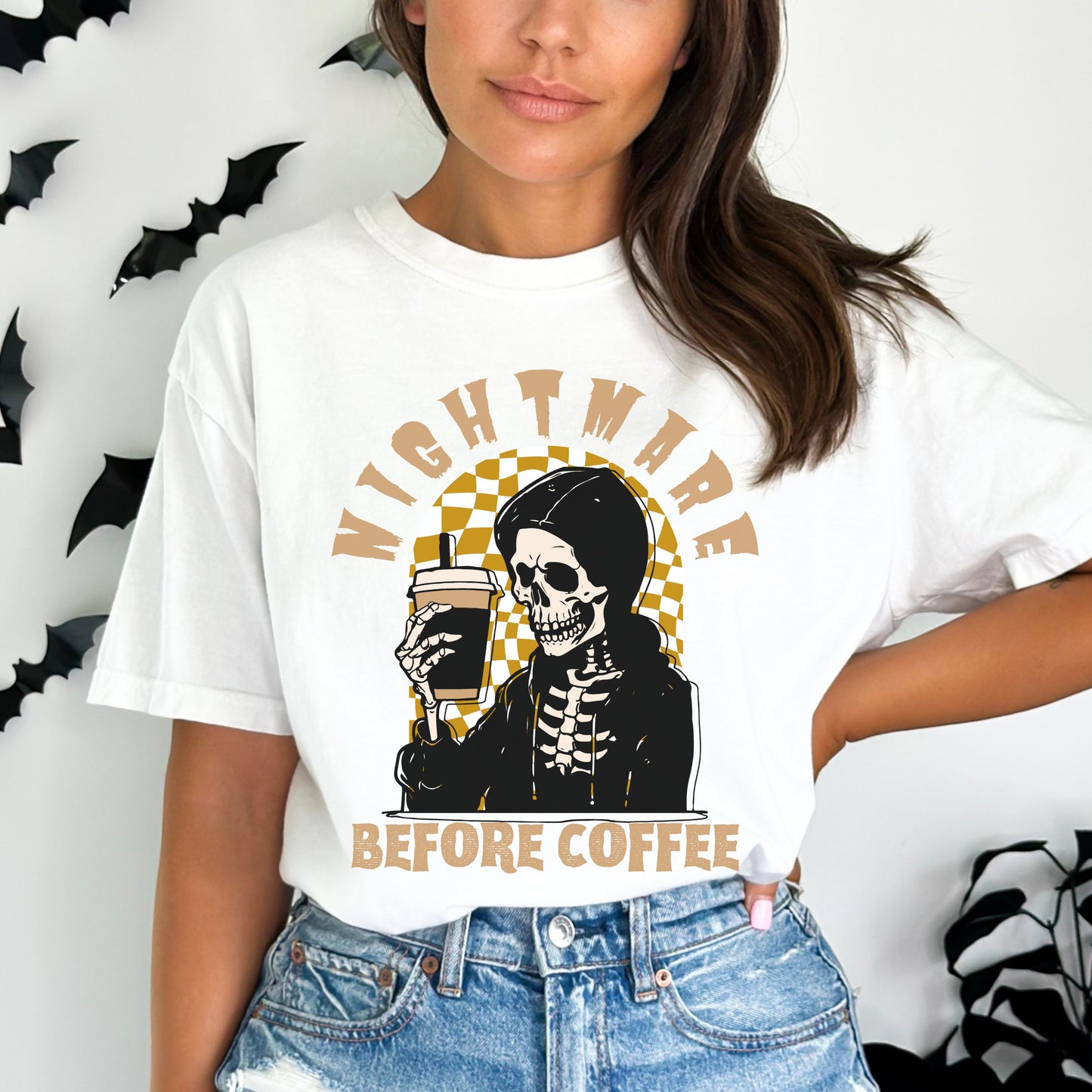 Funny Halloween Shirt Nightmare Before Coffee T Shirt Comfort Colors Skeleton TShirt Funny Halloween Coffee Skeleton T-Shirt Fall Coffee Tee