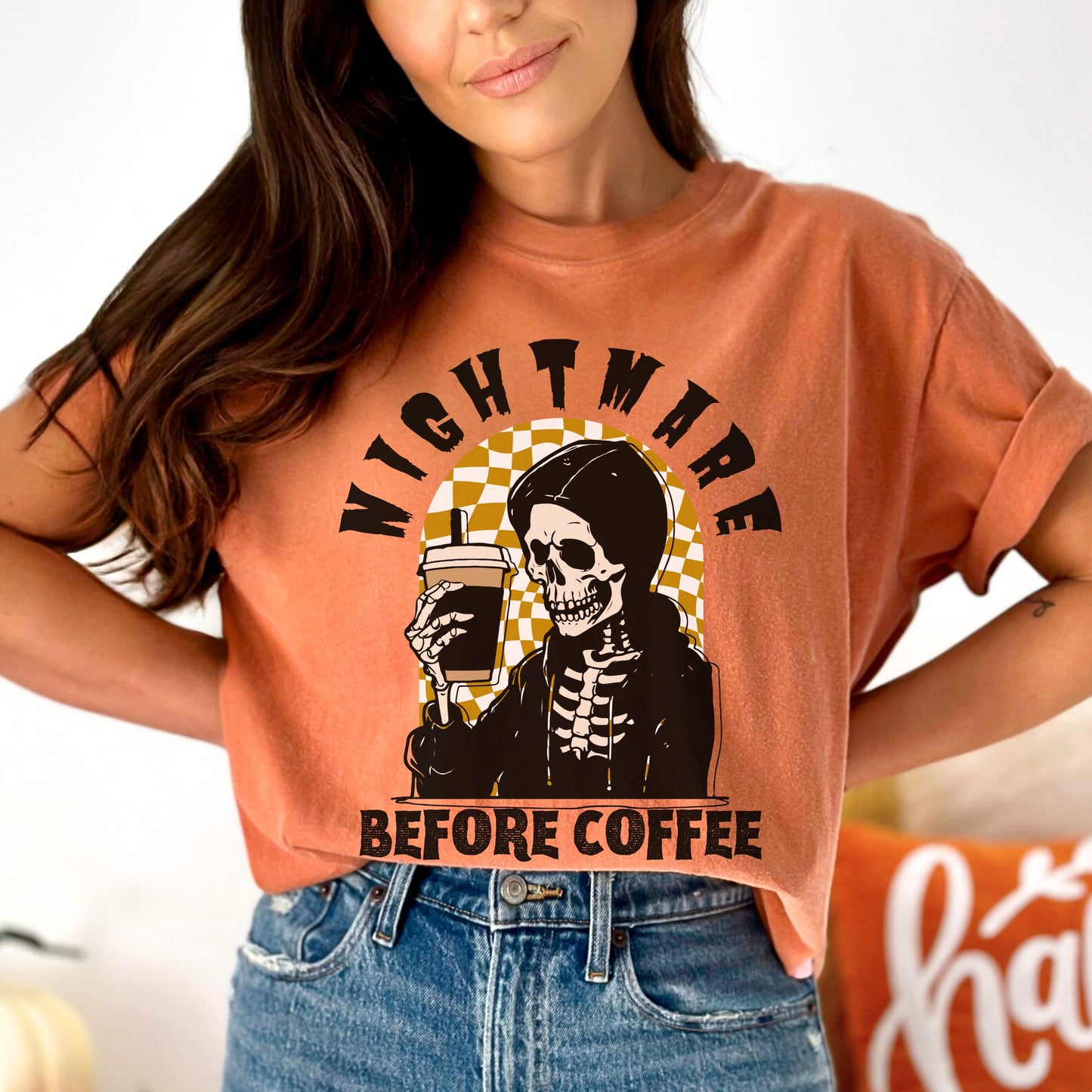 Funny Halloween Shirt Nightmare Before Coffee T Shirt Comfort Colors Skeleton TShirt Funny Halloween Coffee Skeleton T-Shirt Fall Coffee Tee