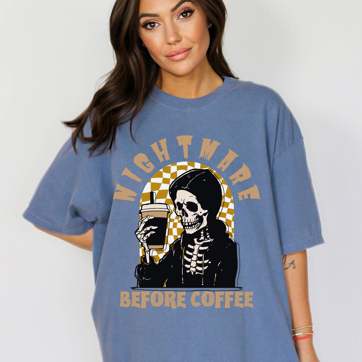 Funny Halloween Shirt Nightmare Before Coffee T Shirt Comfort Colors Skeleton TShirt Funny Halloween Coffee Skeleton T-Shirt Fall Coffee Tee