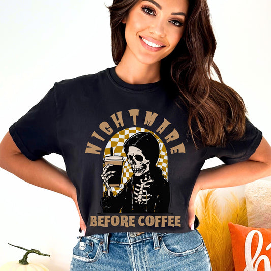 Funny Halloween Shirt Nightmare Before Coffee T Shirt Comfort Colors Skeleton TShirt Funny Halloween Coffee Skeleton T-Shirt Fall Coffee Tee