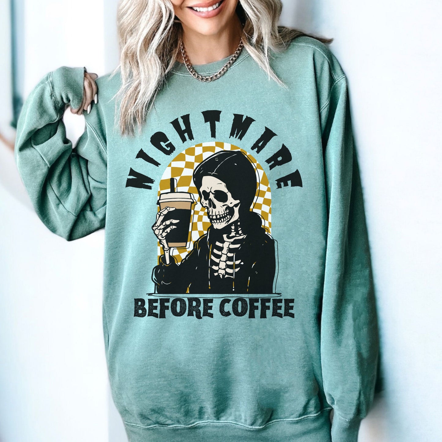 Nightmare Before Coffee Sweatshirt Comfort Colors Sweatshirt Women Skeleton Sweatshirt Coffee Skeleton Shirt Fall Coffee Crewneck Halloween