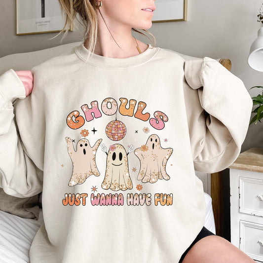 Retro Halloween Ghouls Just Wanna Have Fun Sweatshirt Cute Ghost Sweater Ghouls Night Out Womens Halloween Crewneck Sweatshirt Spooky Season