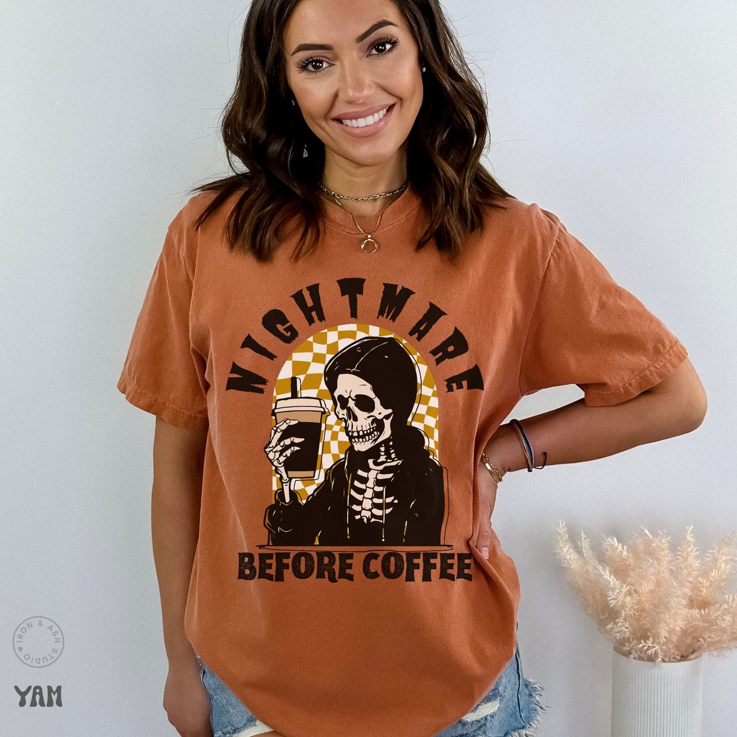 Funny Halloween Shirt Nightmare Before Coffee T Shirt Comfort Colors Skeleton TShirt Funny Halloween Coffee Skeleton T-Shirt Fall Coffee Tee