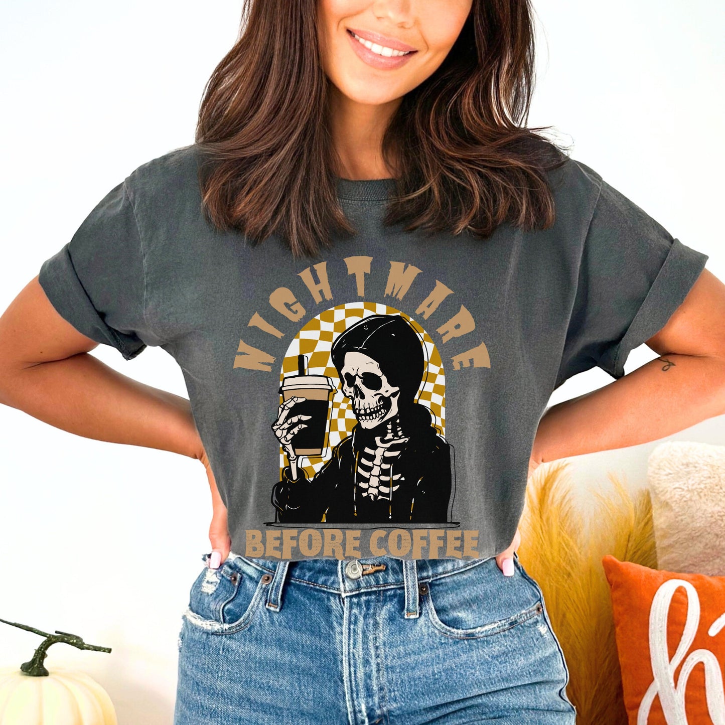 Funny Halloween Shirt Nightmare Before Coffee T Shirt Comfort Colors Skeleton TShirt Funny Halloween Coffee Skeleton T-Shirt Fall Coffee Tee