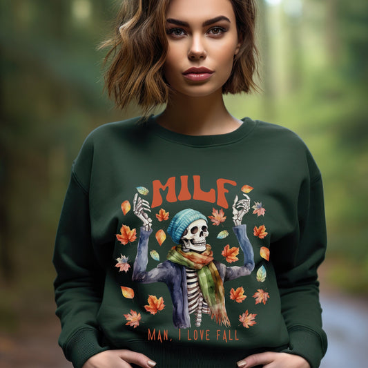 MILF Fall Sweatshirt, Man I Love Fall Skeleton Sweatshirt, Fall Skeleton Sweaters, Fall Season Sweatshirt, Halloween Crewneck, Spooky Season