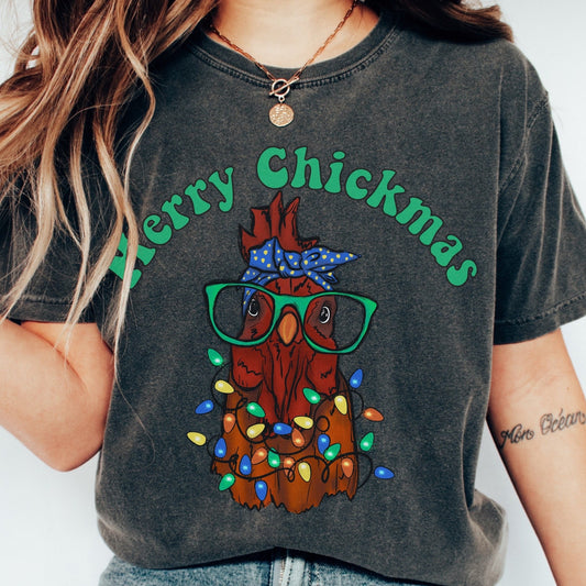 Funny Chicken Christmas Shirt Gifts for Women Comfort Color TShirt Merry Chickmas Merry and Bright Ugly Christmas Shirt for Mom Holiday Tee