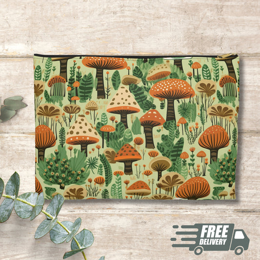 Mushroom Makeup Bag, Mushroom Zipper Pouch,  Mushroom Accessory Pouch, Cottagecore Case, Zippered Pouch, Zippered Bag, Mushroom Makeup Pouch