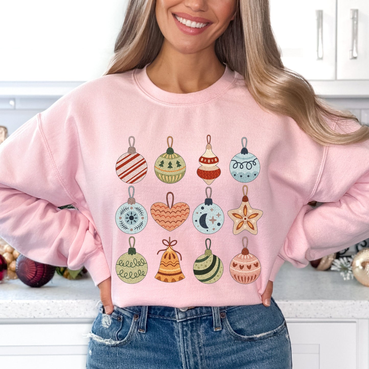 Cute Xmas Crewneck Ornament Sweatshirt Vintage Christmas Sweatshirt  Womens Xmas Sweatshirt Trendy Christmas Sweater Christmas Family Shirt
