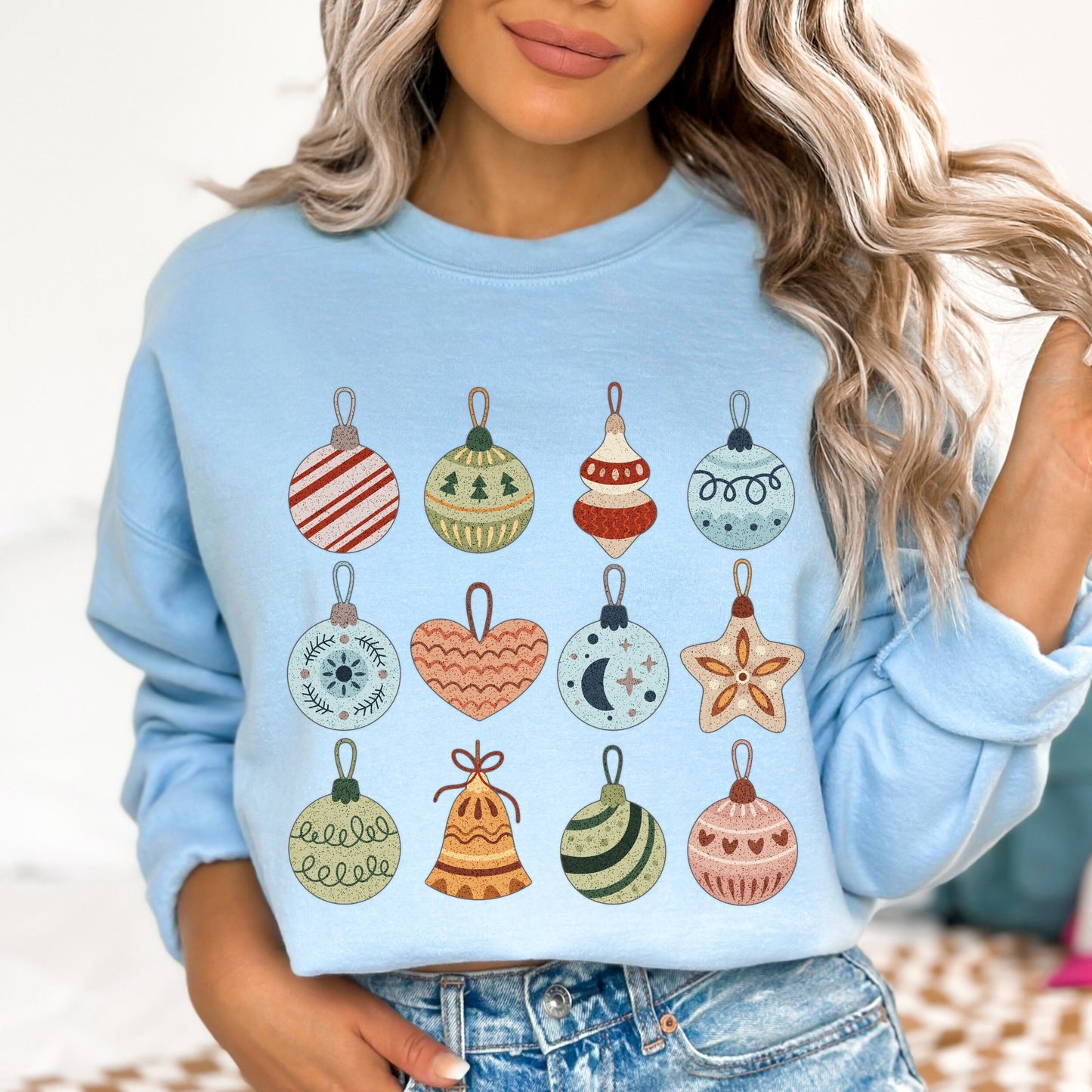Cute Xmas Crewneck Ornament Sweatshirt Vintage Christmas Sweatshirt  Womens Xmas Sweatshirt Trendy Christmas Sweater Christmas Family Shirt