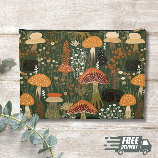 Mushroom Zippered Pouch, Mushroom Accessory Pouch, Mushroom Makeup Bag, Flat Zipper Pouch, Zippered Bag, Zippered Cosmetic Pouch, Zip Bag