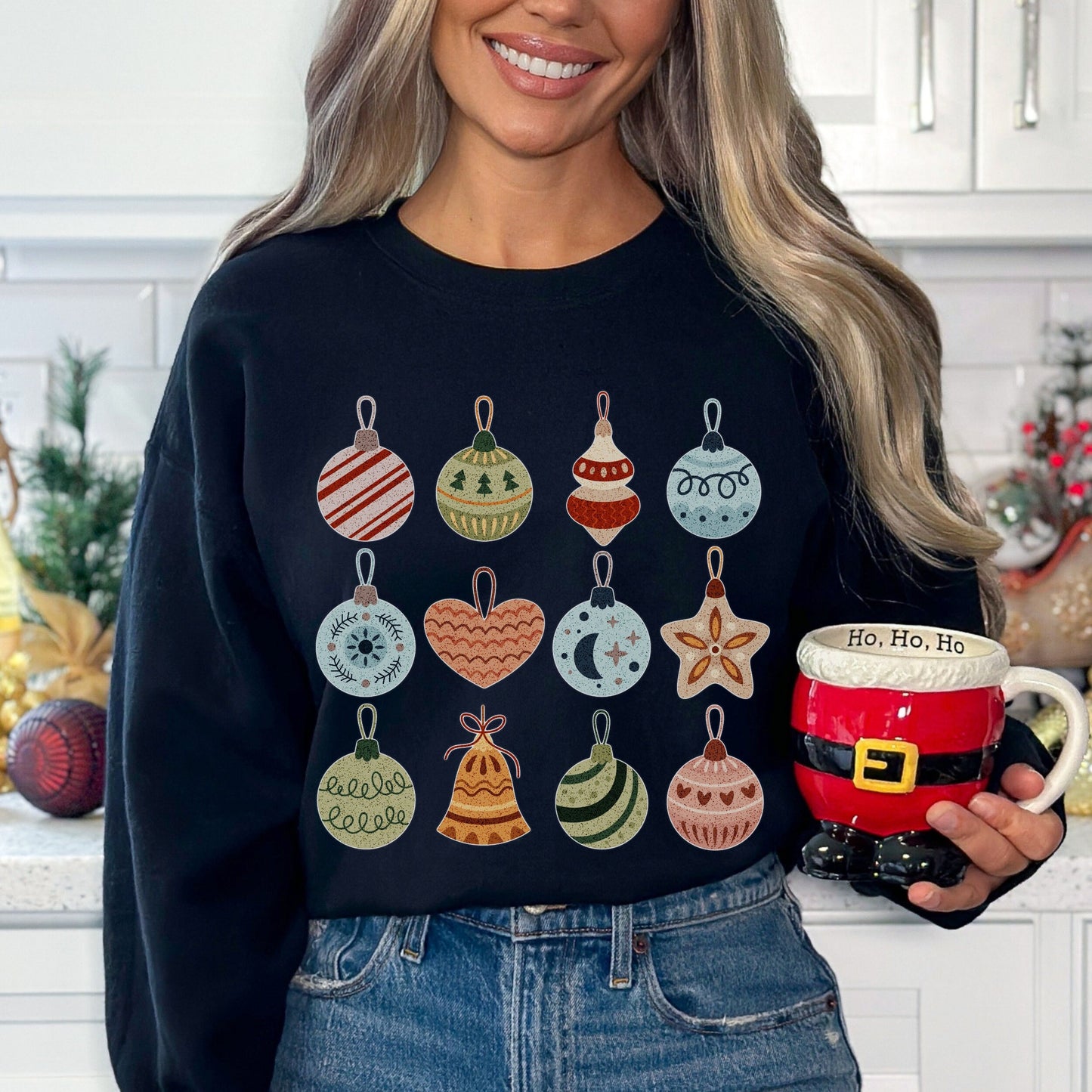 Cute Xmas Crewneck Ornament Sweatshirt Vintage Christmas Sweatshirt  Womens Xmas Sweatshirt Trendy Christmas Sweater Christmas Family Shirt