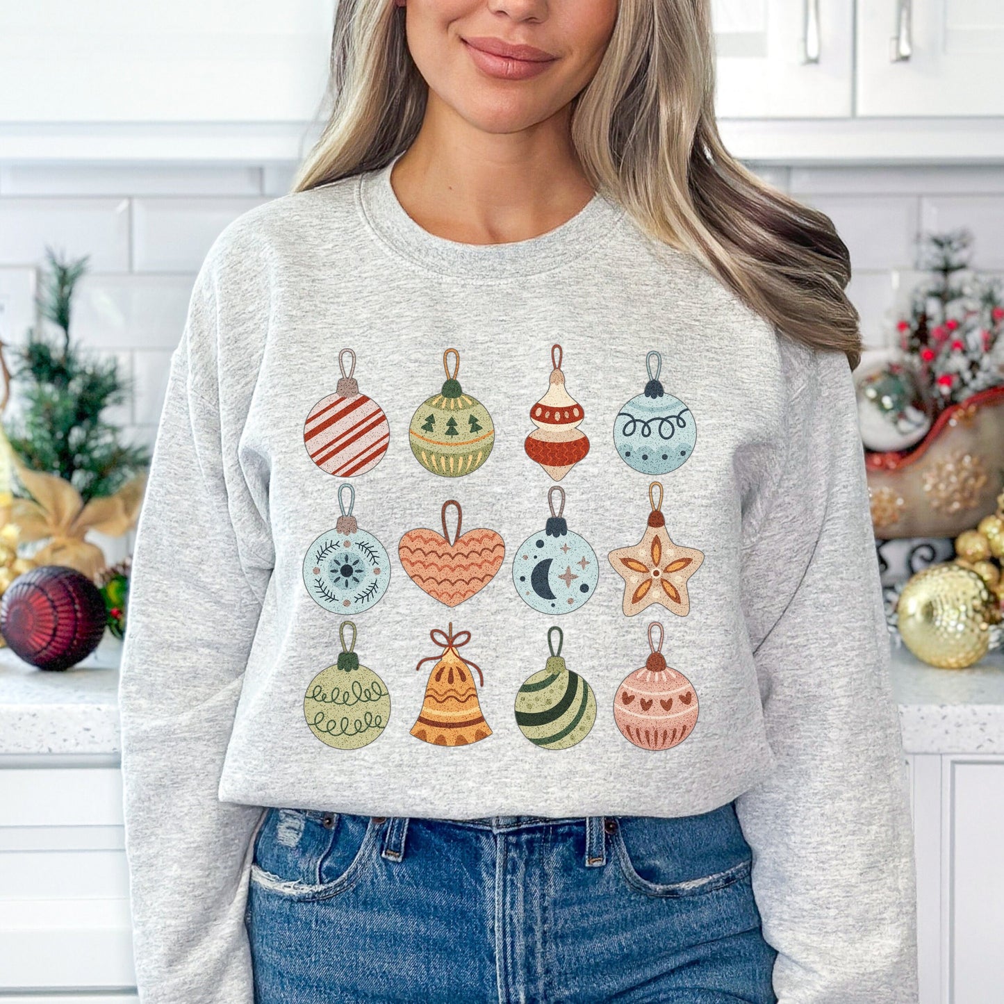 Cute Xmas Crewneck Ornament Sweatshirt Vintage Christmas Sweatshirt  Womens Xmas Sweatshirt Trendy Christmas Sweater Christmas Family Shirt