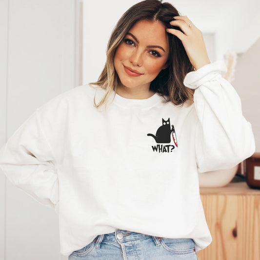 Killer Cat Sweatshirt, Funny Stabby Black Cat Sweater, Halloween Cat Shirt , Gift for Cat Lover, Funny Murderous Cat Shirt, What Cat Knife