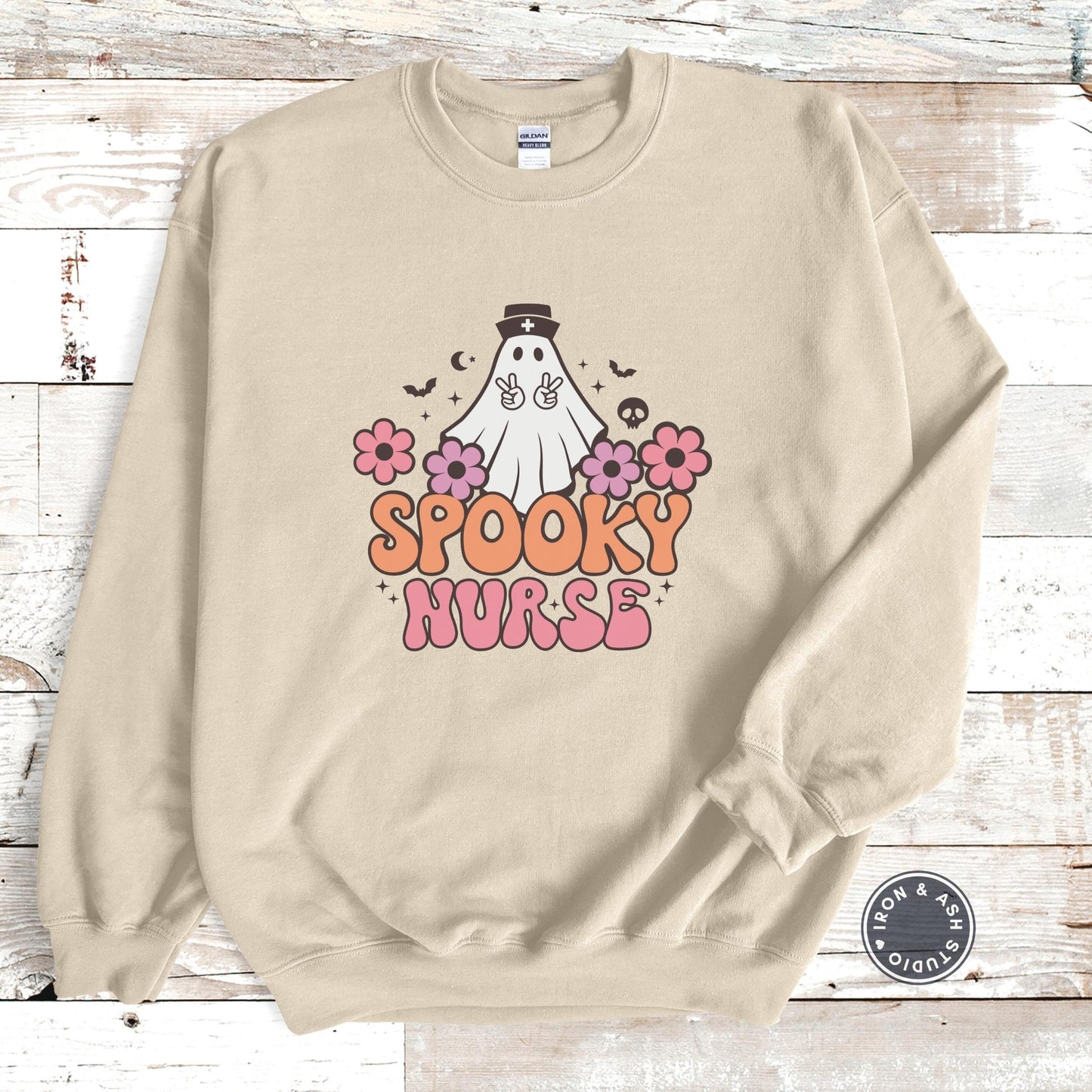 Spooky Nurse Retro Ghost Sweatshirt, Nurse Halloween Sweater, Cute Ghost Sweatshirt, Spooky Season, Fall Crewneck, RN Halloween Shirt, Tees