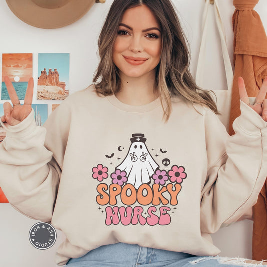 Spooky Nurse Retro Ghost Sweatshirt, Nurse Halloween Sweater, Cute Ghost Sweatshirt, Spooky Season, Fall Crewneck, RN Halloween Shirt, Tees