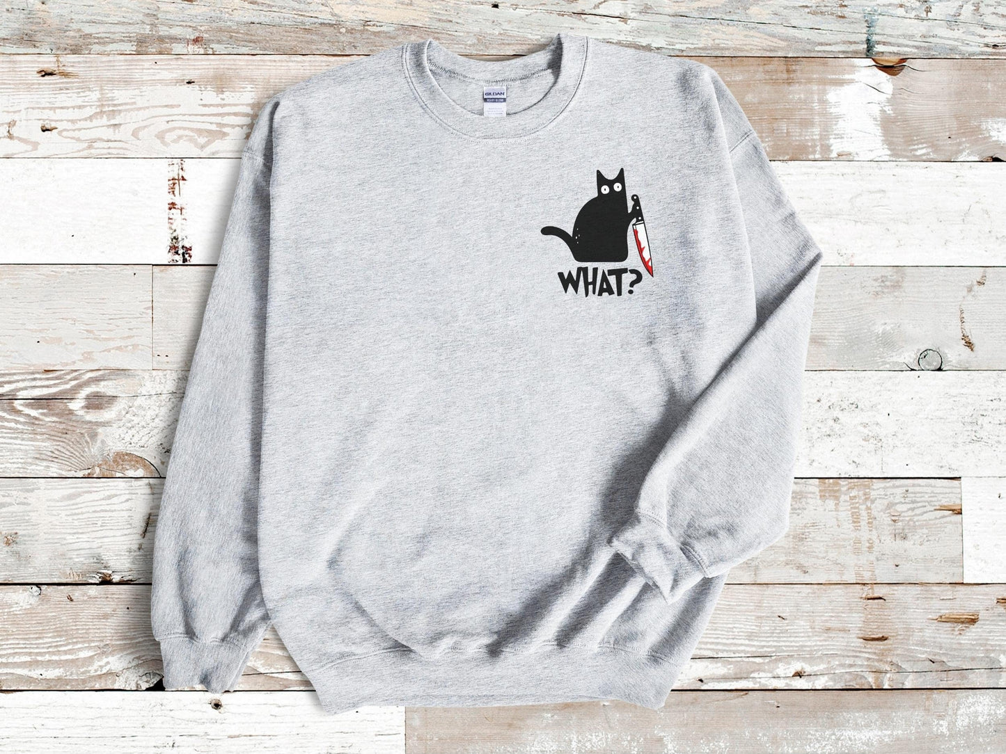 Killer Cat Sweatshirt, Funny Stabby Black Cat Sweater, Halloween Cat Shirt , Gift for Cat Lover, Funny Murderous Cat Shirt, What Cat Knife