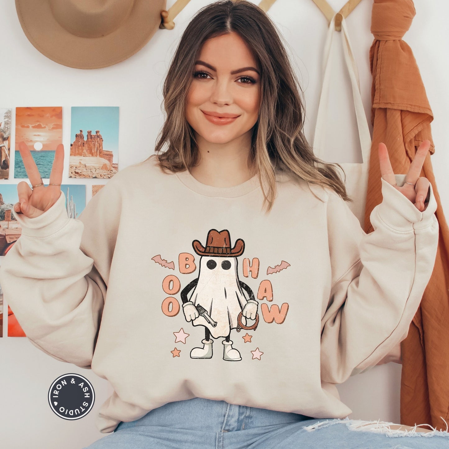 Boo Haw Halloween Ghost Sweatshirt, Western Halloween Shirt, Spooky Ghost Shirt, Halloween Cowboy Shirt, Retro Cowgirl Halloween Sweatshirt