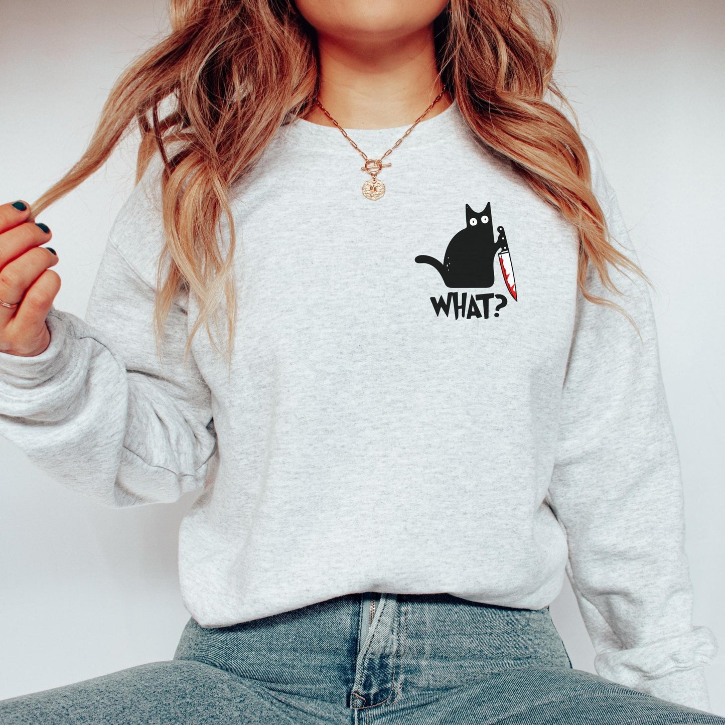 Killer Cat Sweatshirt, Funny Stabby Black Cat Sweater, Halloween Cat Shirt , Gift for Cat Lover, Funny Murderous Cat Shirt, What Cat Knife