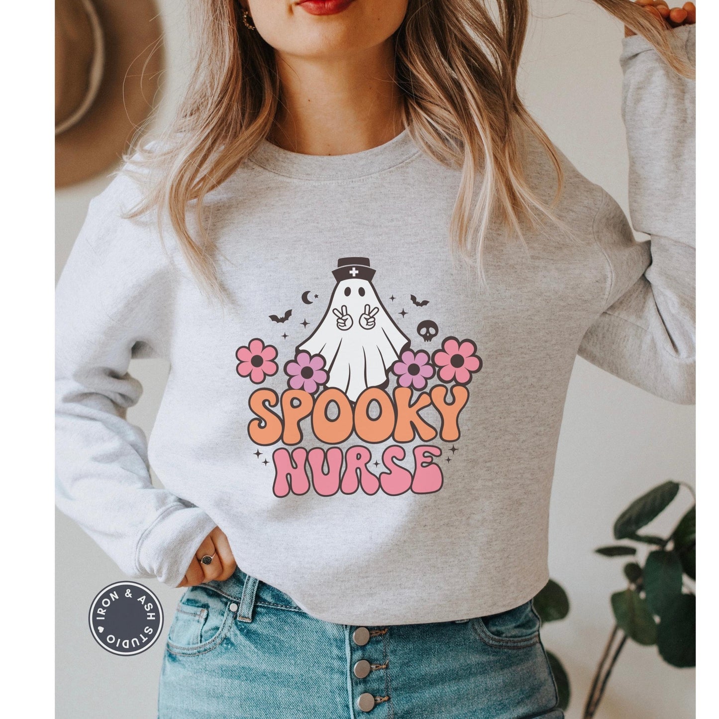 Spooky Nurse Retro Ghost Sweatshirt, Nurse Halloween Sweater, Cute Ghost Sweatshirt, Spooky Season, Fall Crewneck, RN Halloween Shirt, Tees