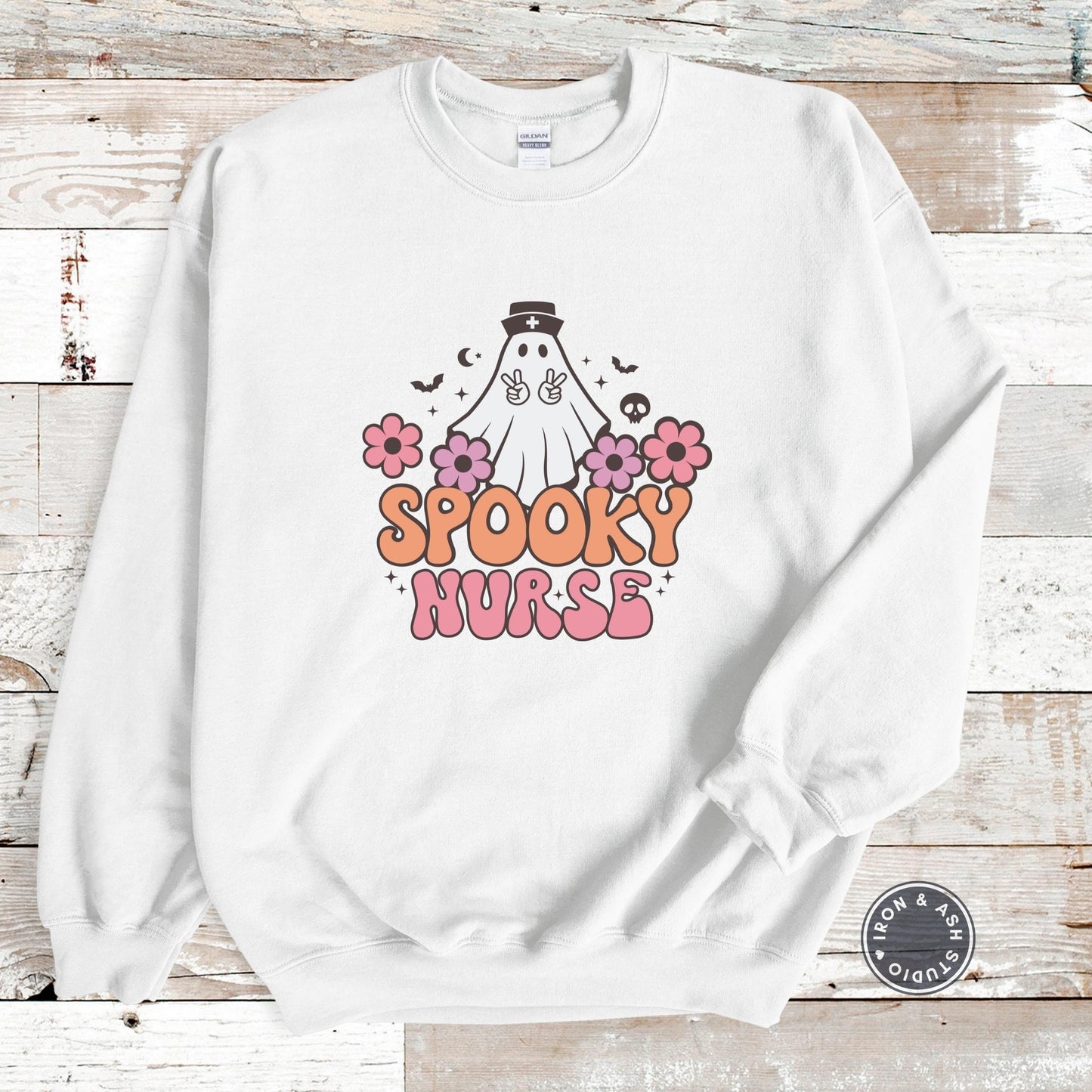 Spooky Nurse Retro Ghost Sweatshirt, Nurse Halloween Sweater, Cute Ghost Sweatshirt, Spooky Season, Fall Crewneck, RN Halloween Shirt, Tees
