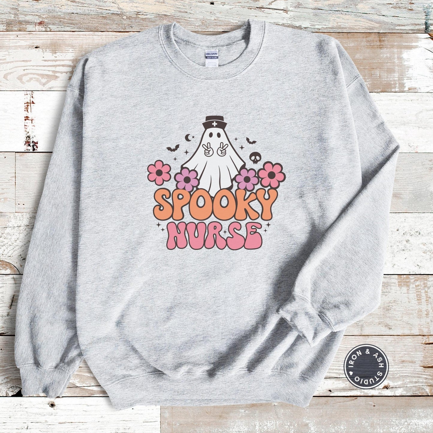 Spooky Nurse Retro Ghost Sweatshirt, Nurse Halloween Sweater, Cute Ghost Sweatshirt, Spooky Season, Fall Crewneck, RN Halloween Shirt, Tees
