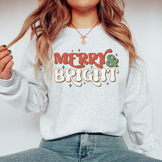 Merry And Bright, Retro Christmas Sweatshirt, Holiday Apparel for Women, Mom Christmas Gift from Daughter, Christmas Crewneck Sweater, Xmas