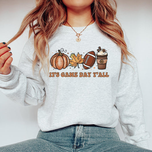 Retro Football Sweatshirt It's Game Day Y'all Football Shirts for Women Tailgate Clothes Fall Coffee Sweatshirt Fall Crewneck Football Mom