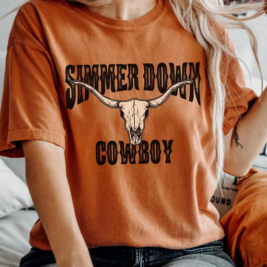 Simmer Down Cowboy Comfort Color Shirt Bull Skull Western Graphic Tee Rodeo TShirt Nashville Girls Trip Country Music Shirt Howdy TShirt Tee